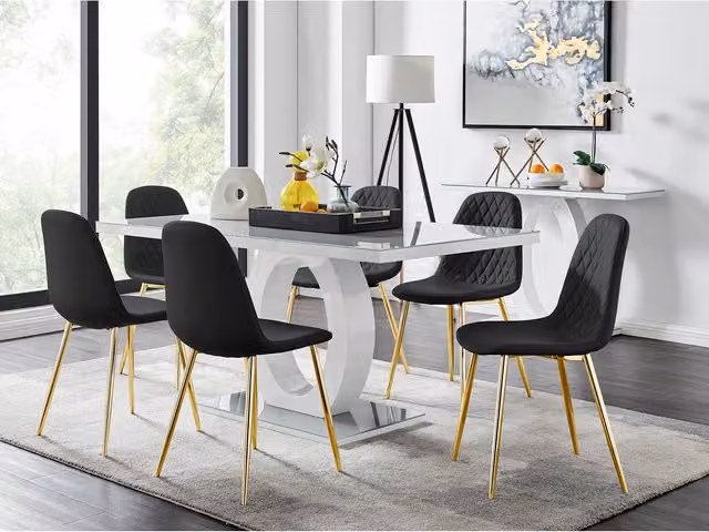 FurnitureboxUK Giovani Grey Dining Table with Six Corona Gold Leg Chairs in Black and Gold
