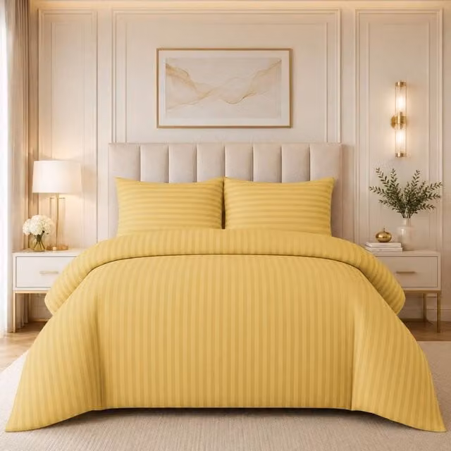 Grace Embossed Satin Stripe Microfibre Duvet Cover Set in Yellow, W/H: 230 x 220 cm