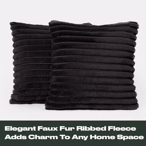OHS Pack of 2 Ribbed Faux Fur Throw Pillows with Removable Covers, Black, W/D/H: 45 x 45 x 45 cm – 3