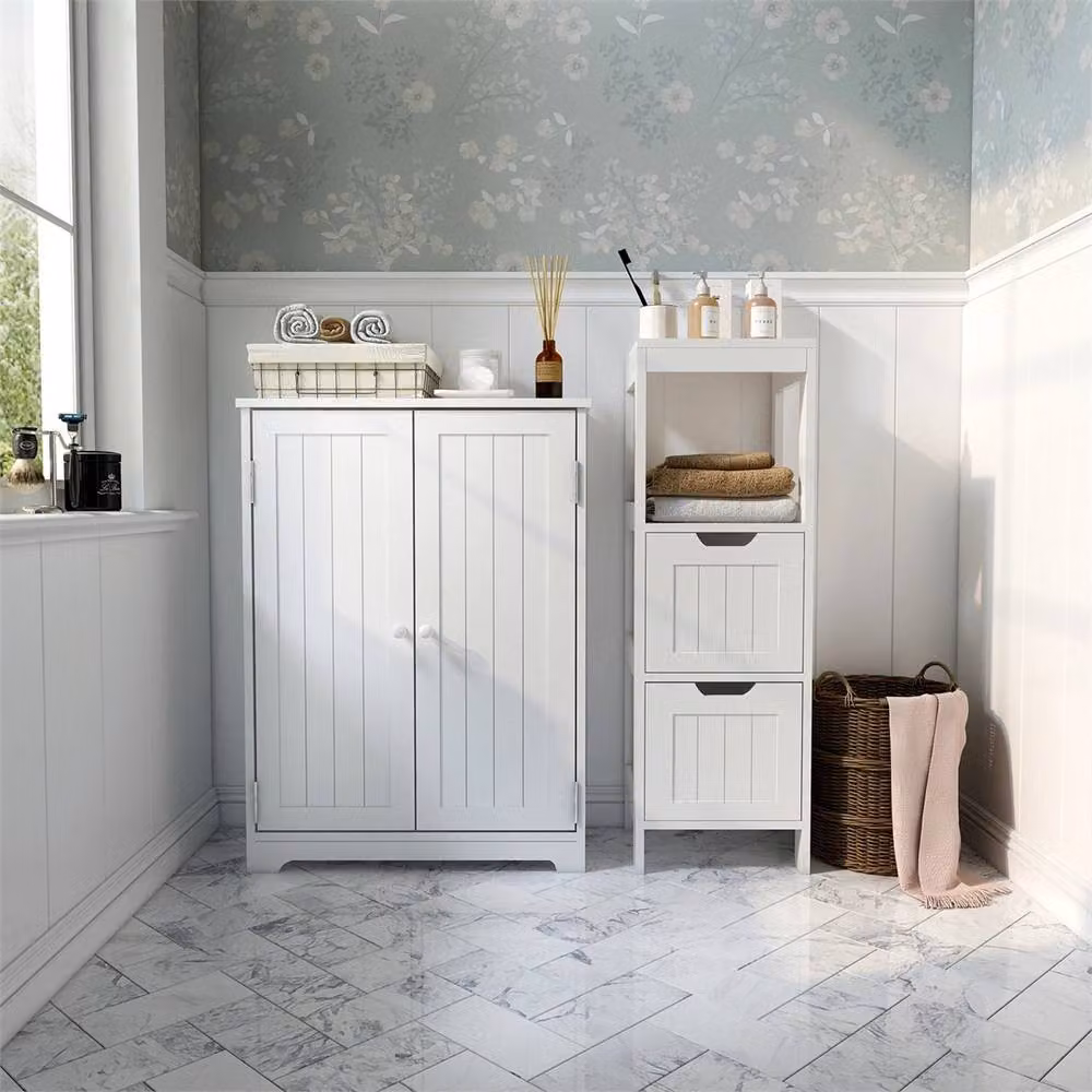 Nordara White Matt Freestanding Bathroom Cabinet with 2 Hinged Doors and Internal Shelves – 2