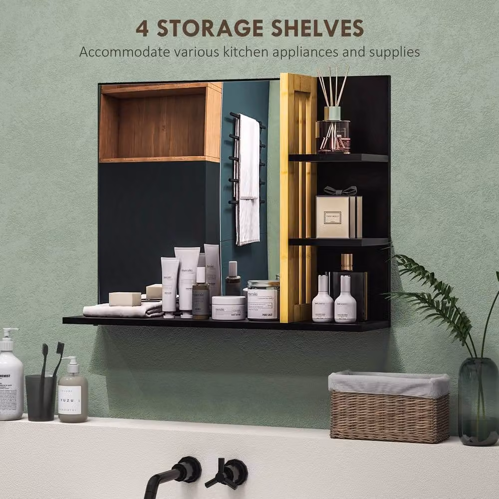 STILVORA Black Wall Mounted Bathroom Mirror with Bamboo Shelves – 4