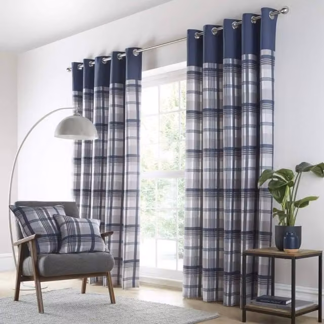 Portfolio Home Orleans Blue Tartan Check Eyelet Curtains, 2 Panel Pair, Width: 117 cm, Drop: 137 cm