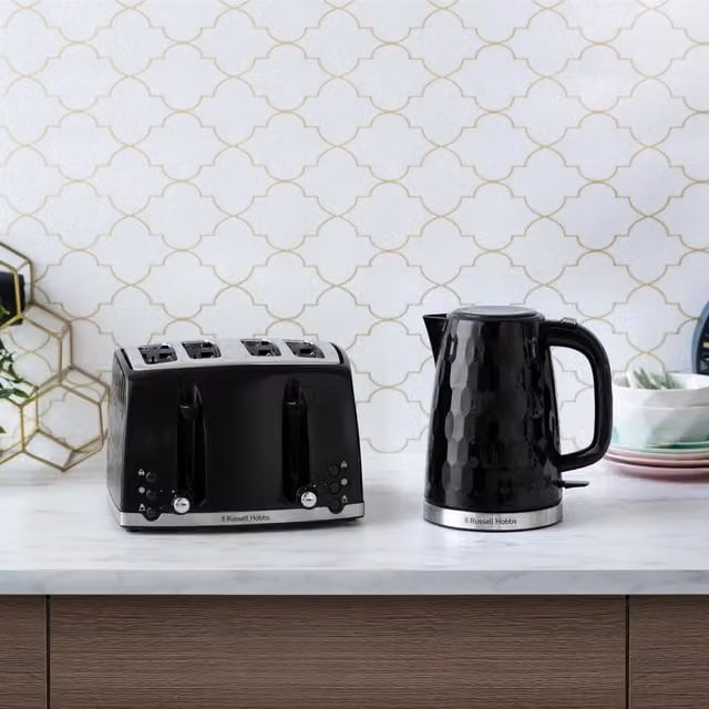 Russell Hobbs Honeycomb Black Kettle 1.7L and 4 Slice Toaster Set