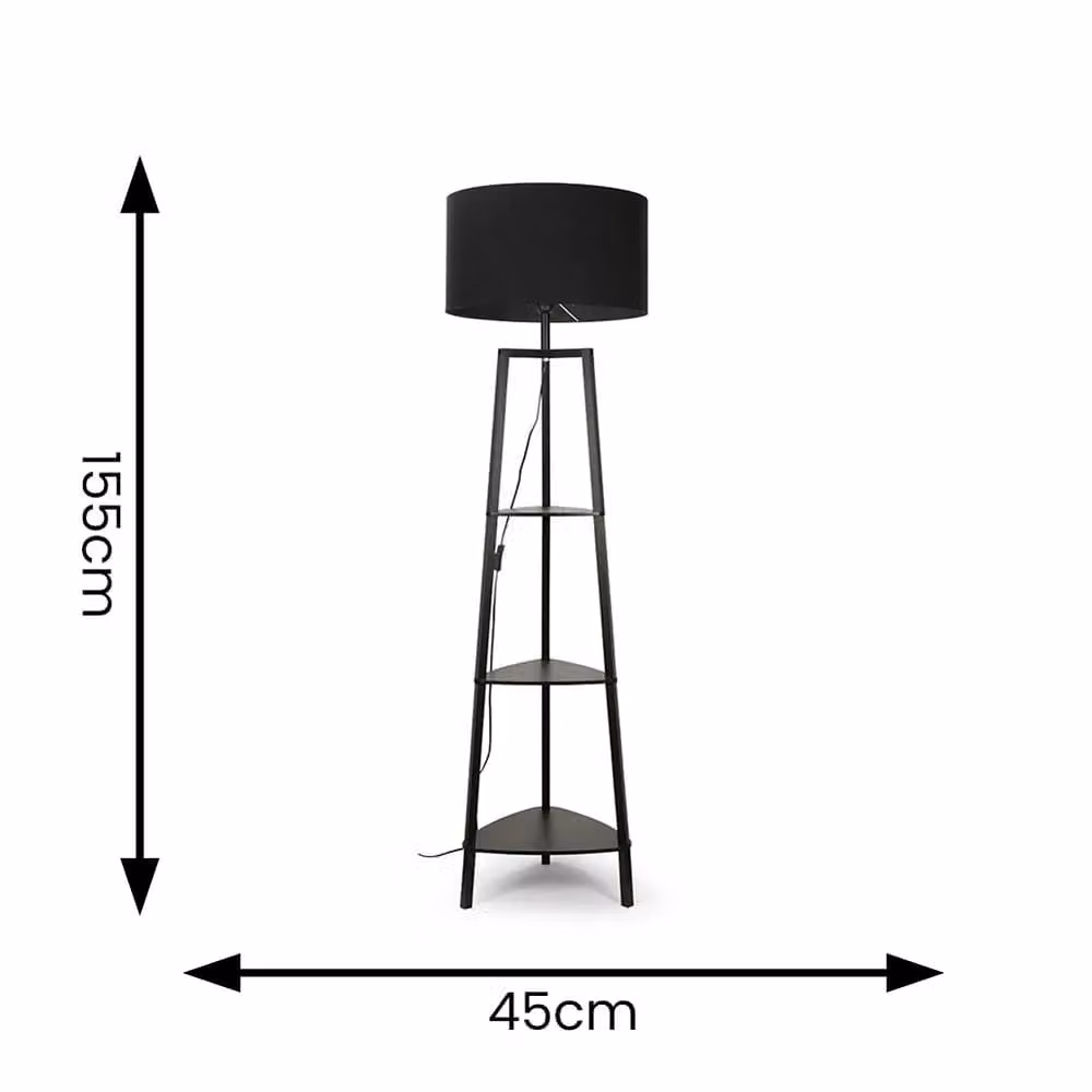 ValueLights Hiru Black 3 Tier Shelf Floor Lamp with Large Fabric Drum Shade and Bulb, H 155 cm x W 45 cm x D 45 cm – 4