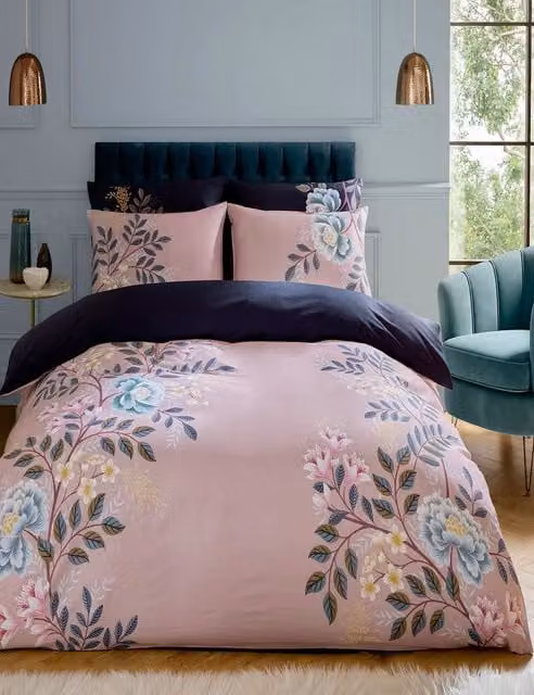 Sara Miller Oriental Blossom Reversible Bedding Set, Navy Mix and Blue Multicolour, 100% Cotton Mako Sateen, W: 180 cm, L: 200 cm