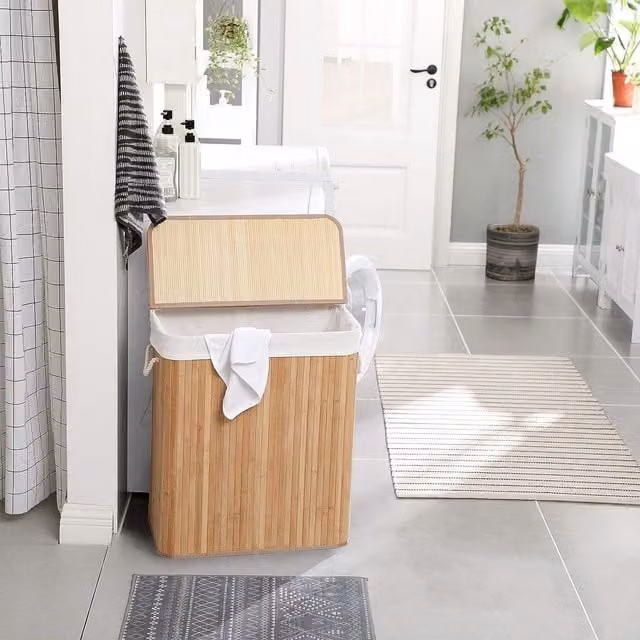 SONGMICS Large Foldable Laundry Basket with Lid and Removable Liner Bag in Beige