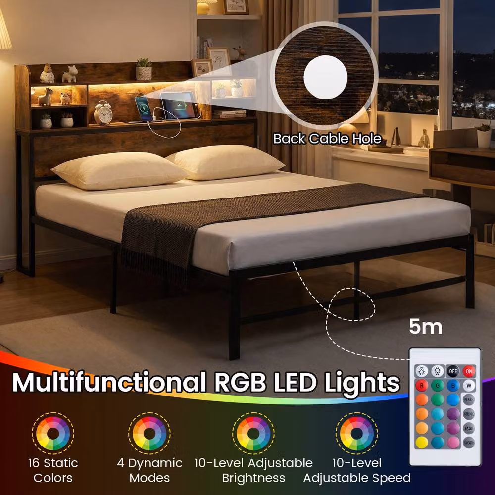 Costway Double Size Metal Bed Frame in Brown with LED Lights, USB Charging Port and Side Compartments, W/D/H: 140 x 200 cm – 6