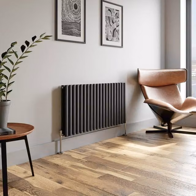Temprazo Horizontal Oval Tube Double Panel Designer Radiator in Anthracite Grey, H 144 cm x W 60 cm x D 7.9 cm