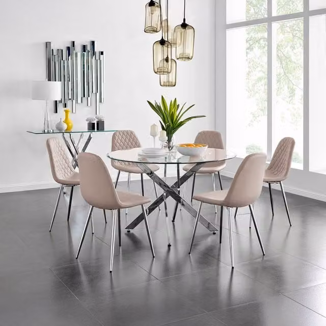 FurnitureboxUK Novara Round Glass Dining Table with 6 Corona Silver Chairs in Cappuccino