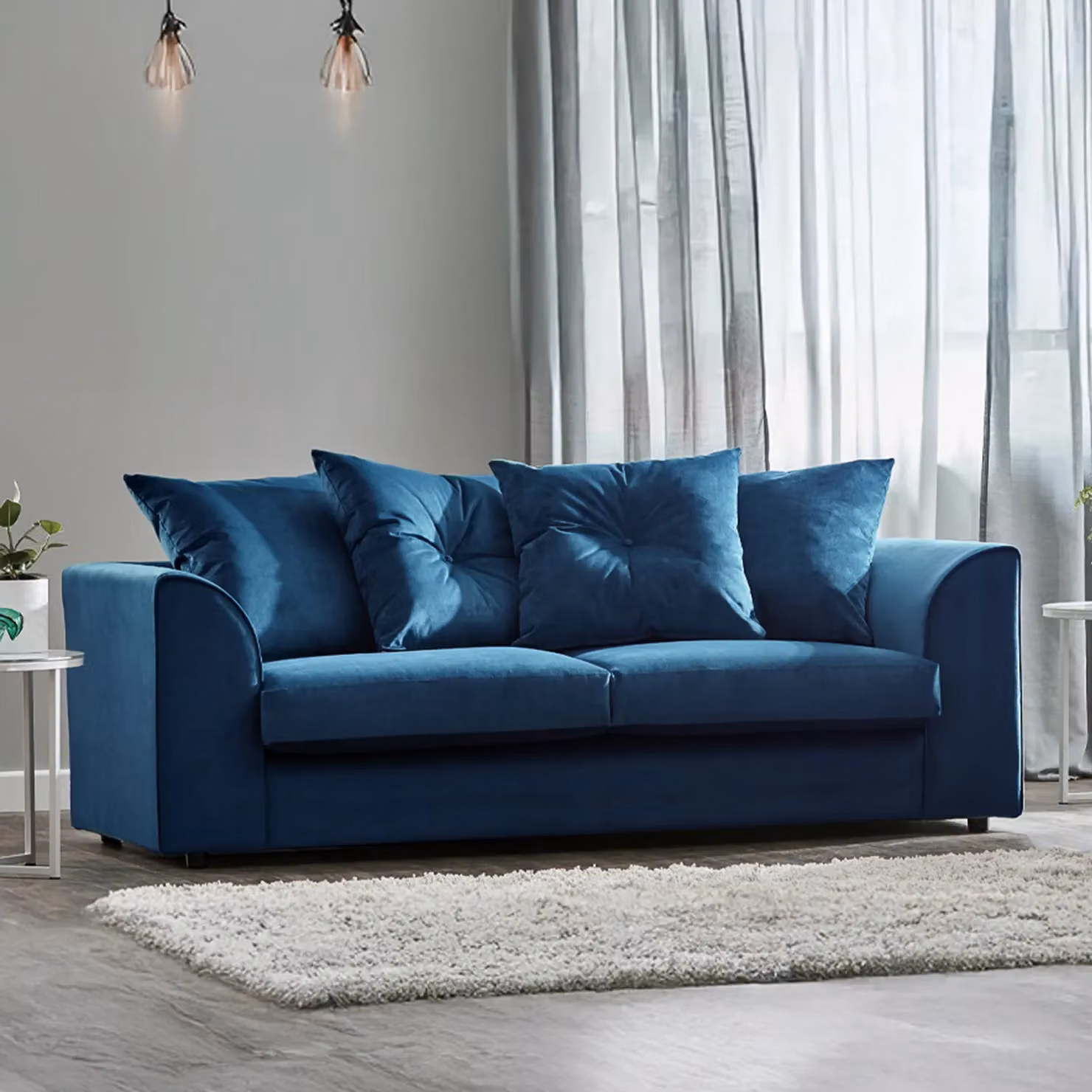 Furnishings For Less UK Fernando 3 Seater Sofa in Blue Soft Plush Velvet Fabric with Scatter Cushions and Removable Covers – 2