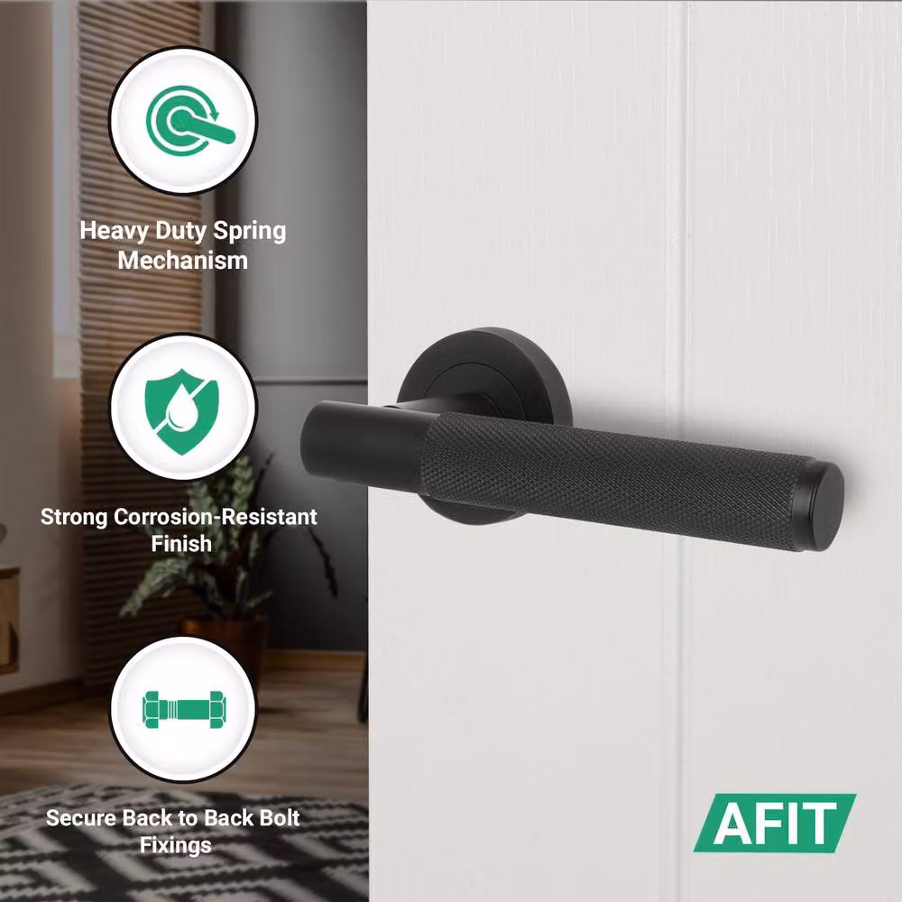 AFIT Matt Black Knurled Internal Lever Door Handles with Round Rose, 4 Pairs – 3