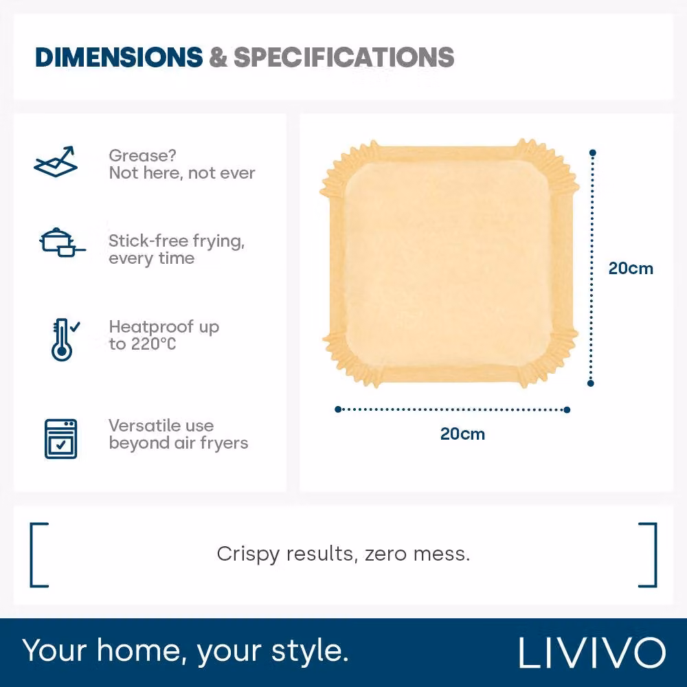 Livivo Disposable Square Air Fryer Liners, Non-Stick and Greaseproof, Beige, 100 Pieces – 9