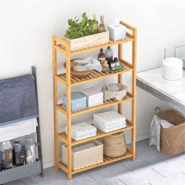 Komore 5-Tier Freestanding Solid Wood Shoe Rack in Brown and Multicolour