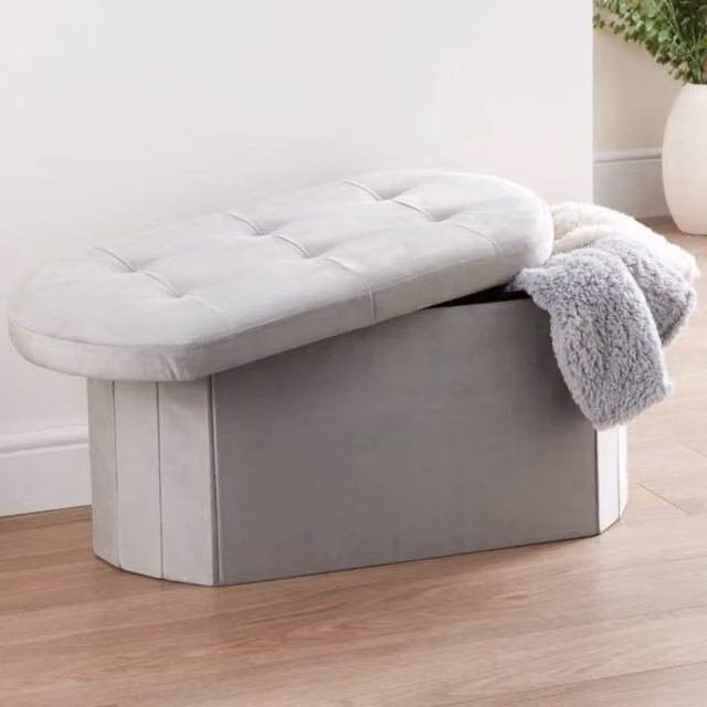HOME LUXE INTERIOR Grey Velvet Oval Storage Ottoman Padded Bench and Blanket Box