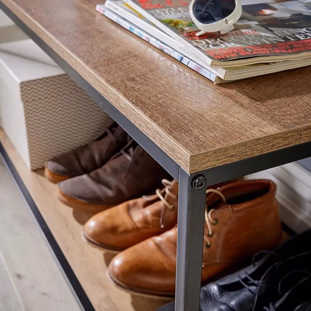 Home Source Modern Hallway Coat Rack and Storage Bench with Shoe Rack in Light Tan Oak Finish – 2