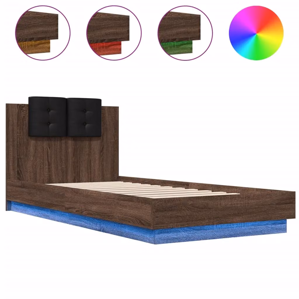 Berkfield Home Modern Bed Frame in Brown Oak with LED Under-Bed Lighting and USB Charging Port, W/D/H: 90 x 200 cm – 2