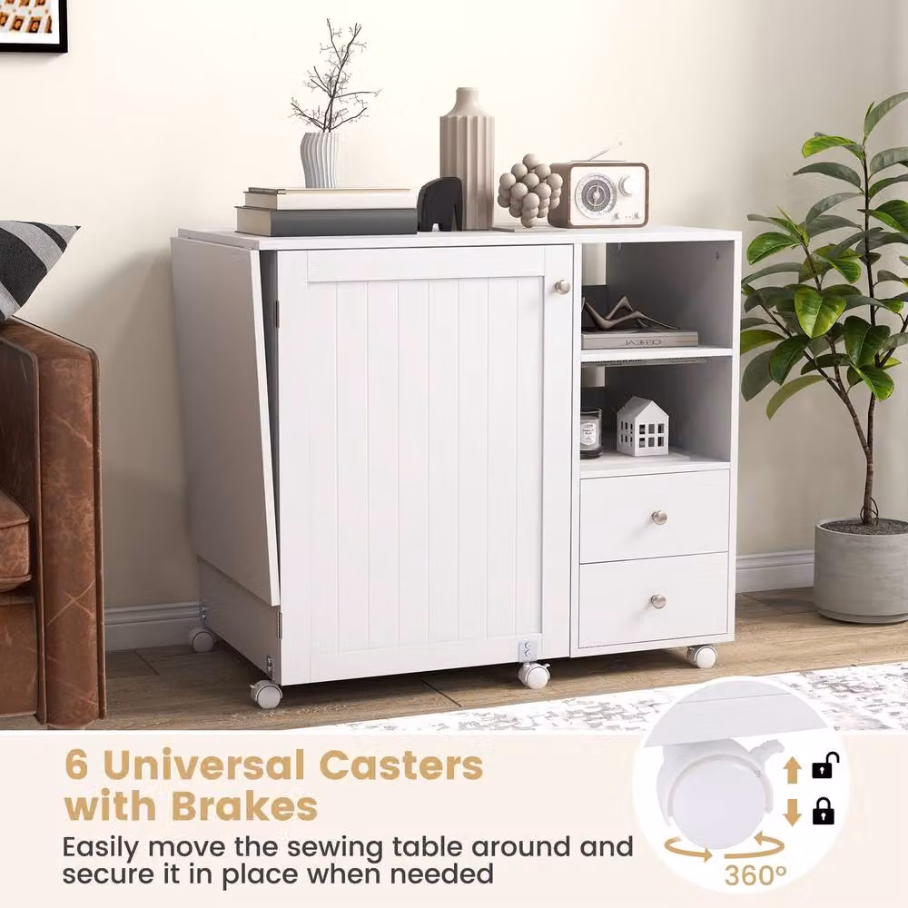 Gymax Folding Sewing Table with Charging Station and Sewing Machine Drawer Cart in White – 4