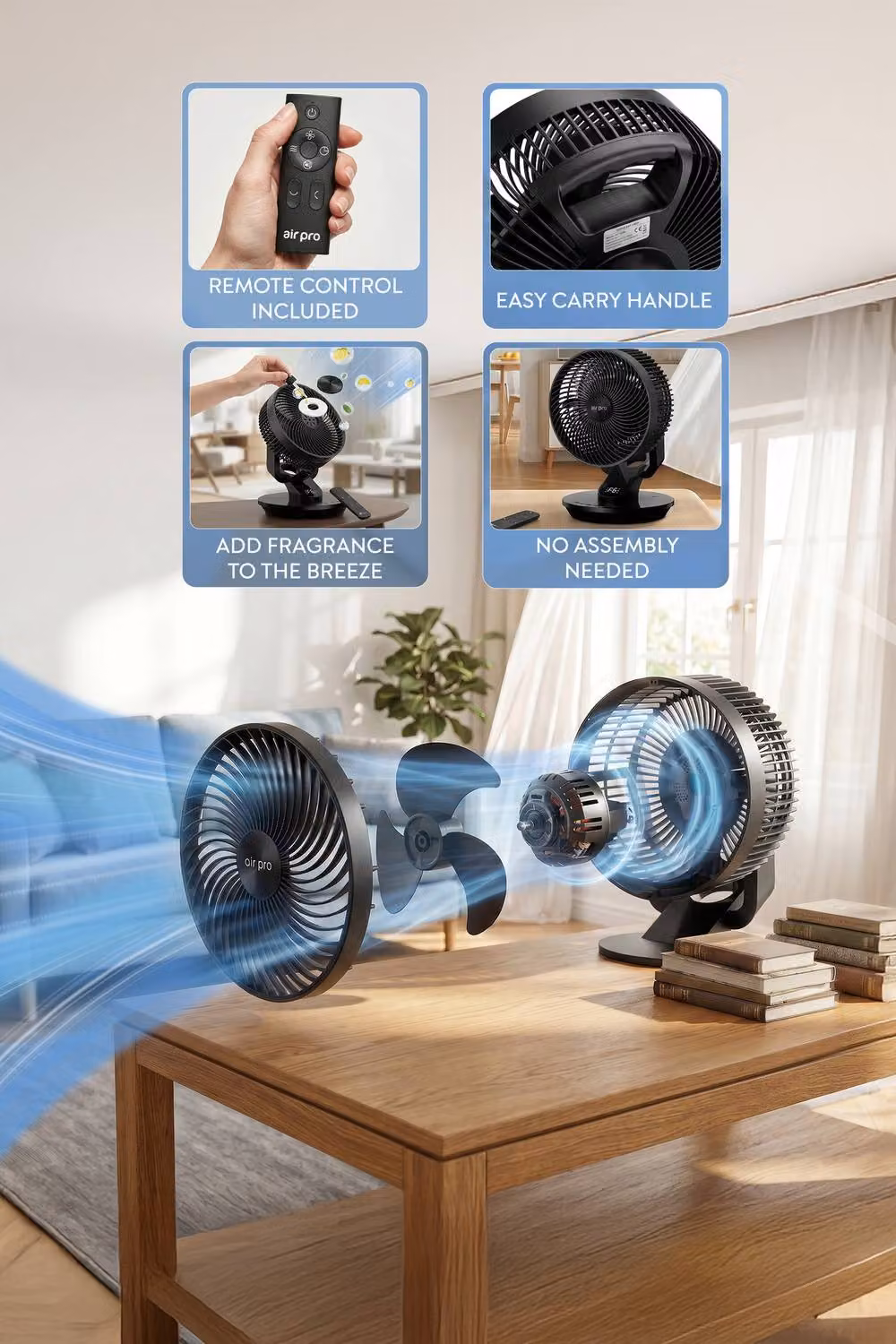 Air Pro 10 inch SmartVoice Desk Fan with Remote Control and 3D Oscillation in Black – 3