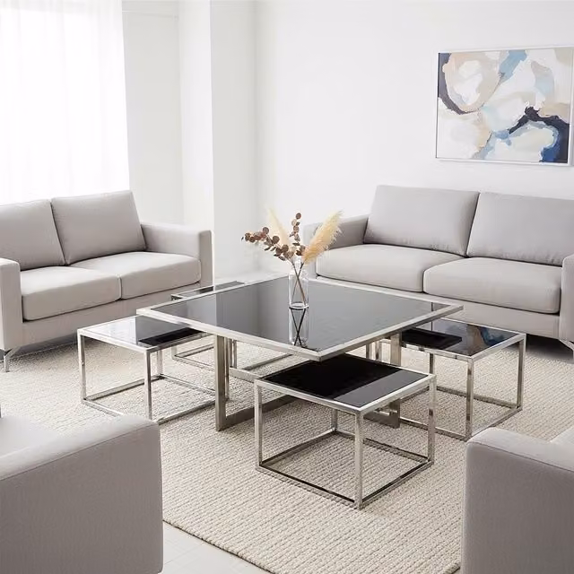 Fifty Five South Horizon Silver Coffee Table and Stools Set with Nested Glass Tops in Black and Silver