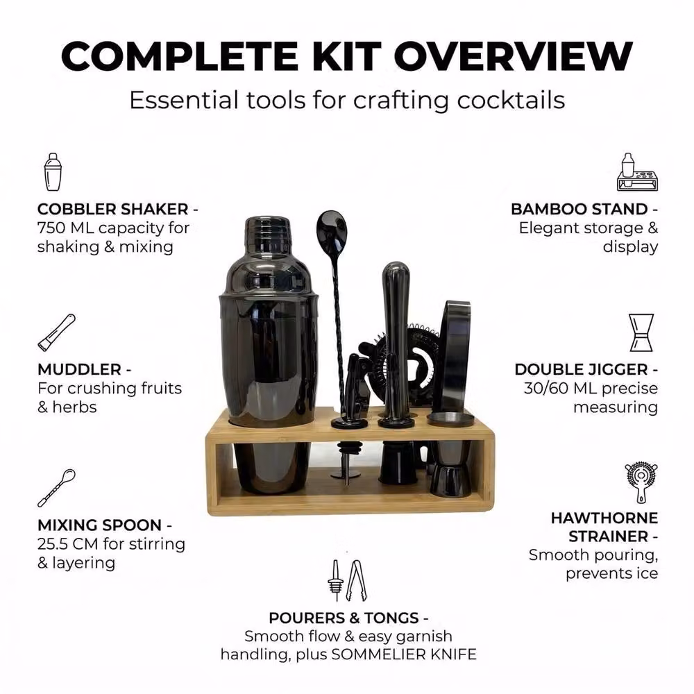 FLAVORA Black 9 Piece Stainless Steel Bartender Set Cocktail Shaker Kit – 3