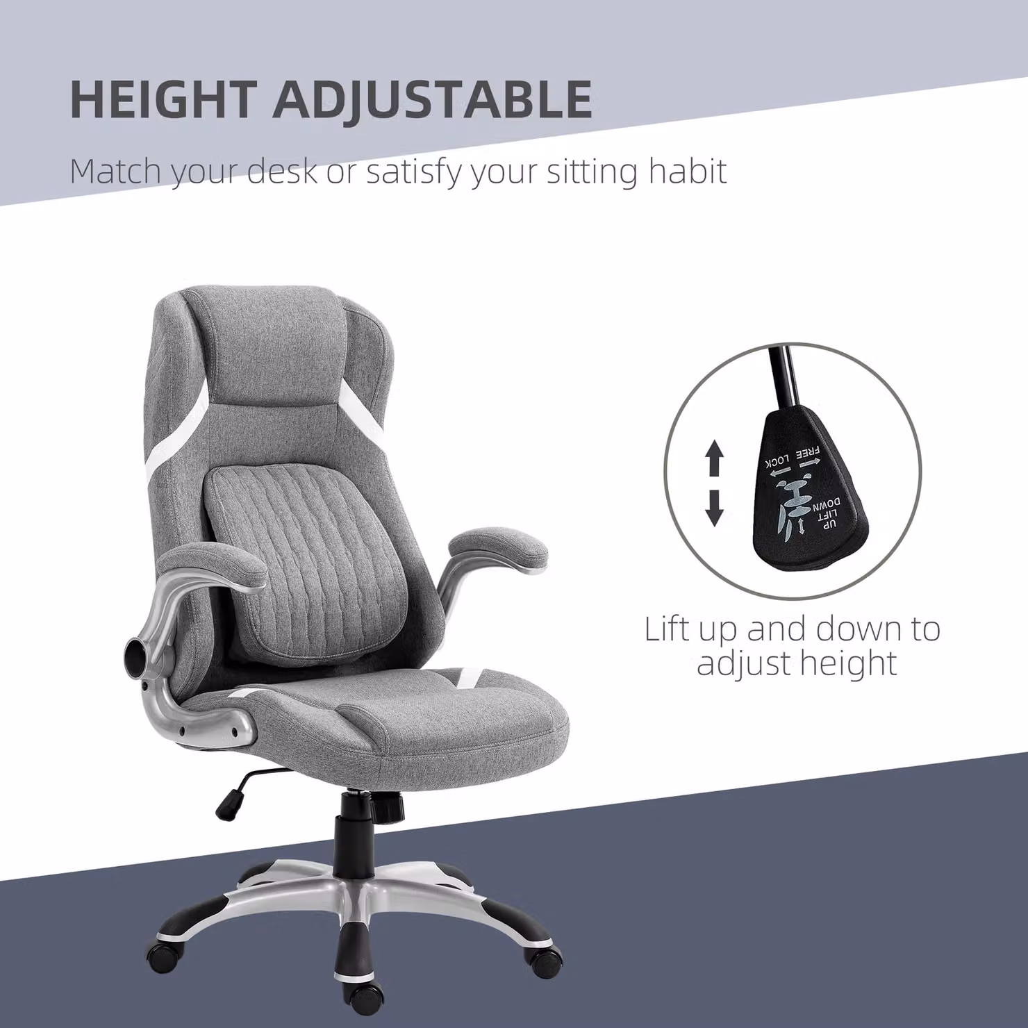 VINSETTO Grey Fabric Task Chair with Adjustable Height, Tilt Function, Armrests and Swivel Base – 3