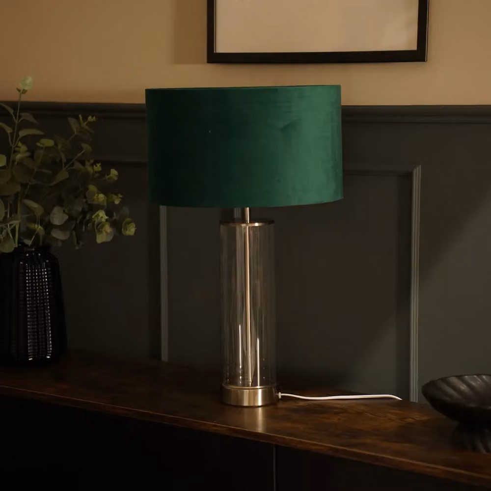 ValueLights Balan Glass and Chrome Table Lamp with Green Fabric Drum Shade and LED Bulb – 3