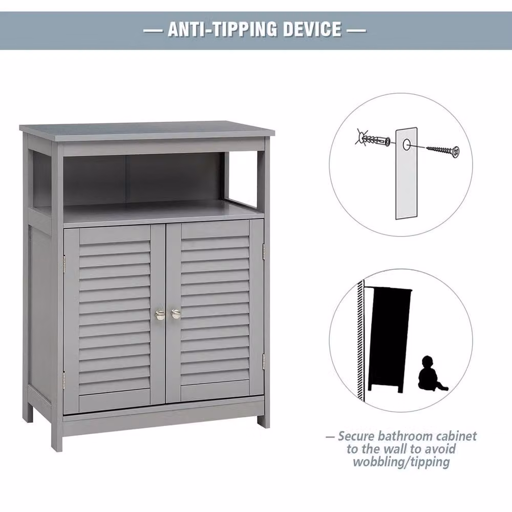 FORGEVIO Modern Grey Freestanding Bathroom Floor Cabinet with Roll Shutter Doors and Internal Shelves – 4