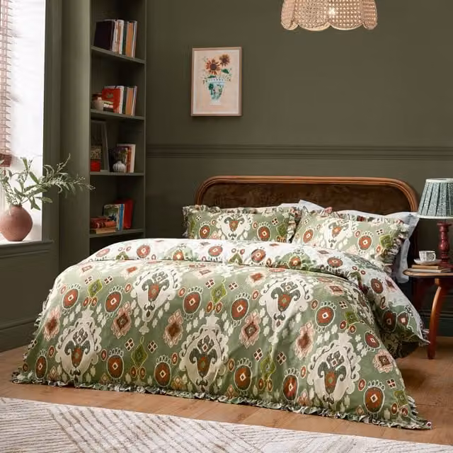 Paoletti Dawson Ikat Reversible Cotton Duvet Cover Set, Green, W: 180 cm, H: 200 cm – 1
