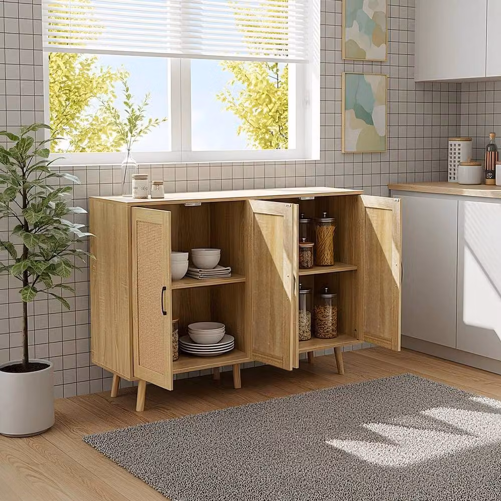 KORVIXA Rustic Buffet Storage Cabinet in Brown Wood with Rattan-Look Doors – 2