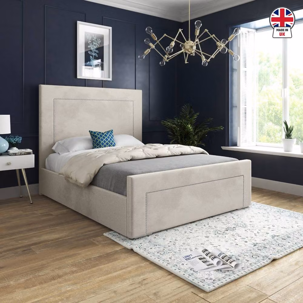 KDMD Lyminge Upholstered King Size Bed Frame in Beige Soft Velvet, W/D/H: 180 x 200 x 137 cm – 3