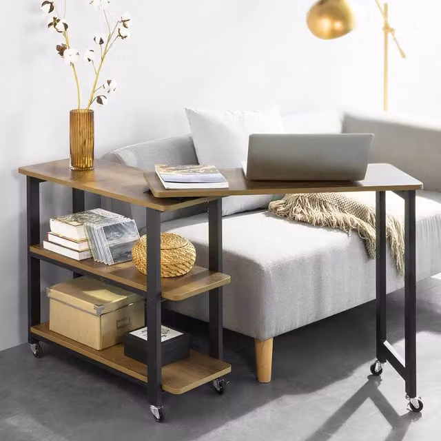 SoBuy Industrial L-Shaped Coffee Table with Castors and Multi-Tier Serving Shelves in Dark Brown