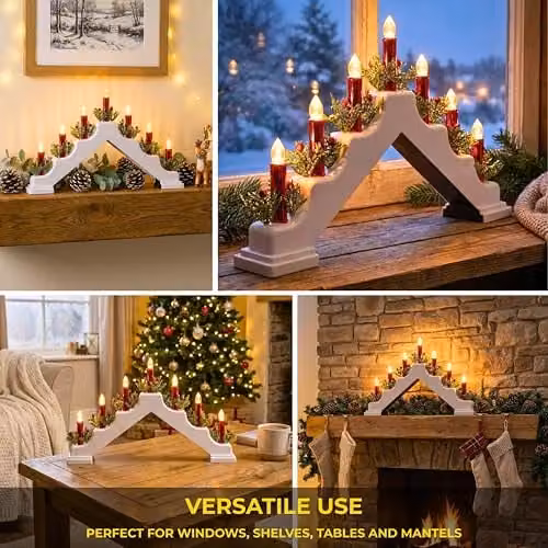 Shatchi White and Red Plastic Candle Bridge Christmas Tabletop Decoration H30 x W50 x D6.5 cm – 6