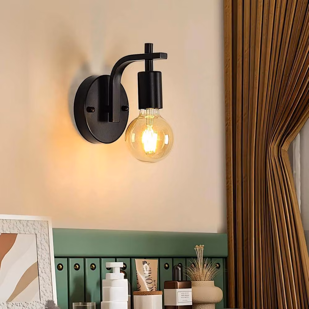 COMELY 4 Pack Industrial Black Metal Wall Sconce Lights with E27 Vintage Glass Shades – 3