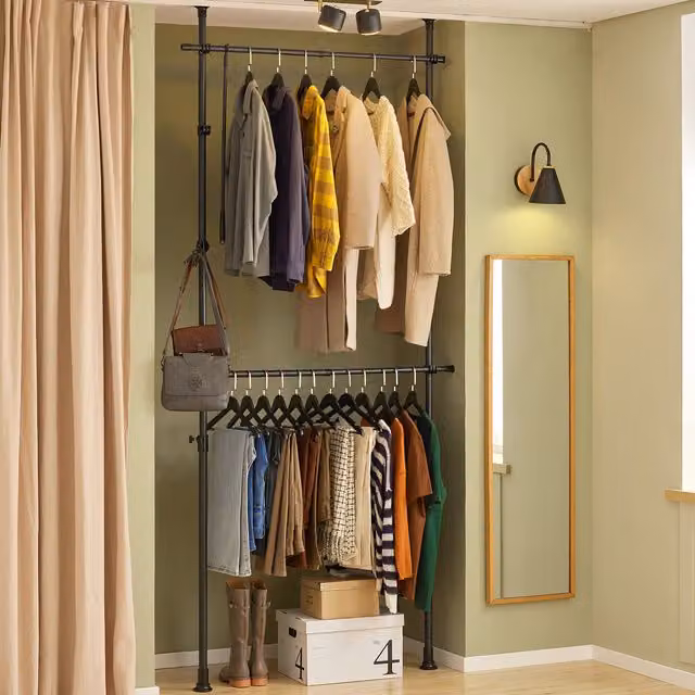 SoBuy Black Metal Industrial Telescopic Wardrobe Organiser with Continuous Linear Rail