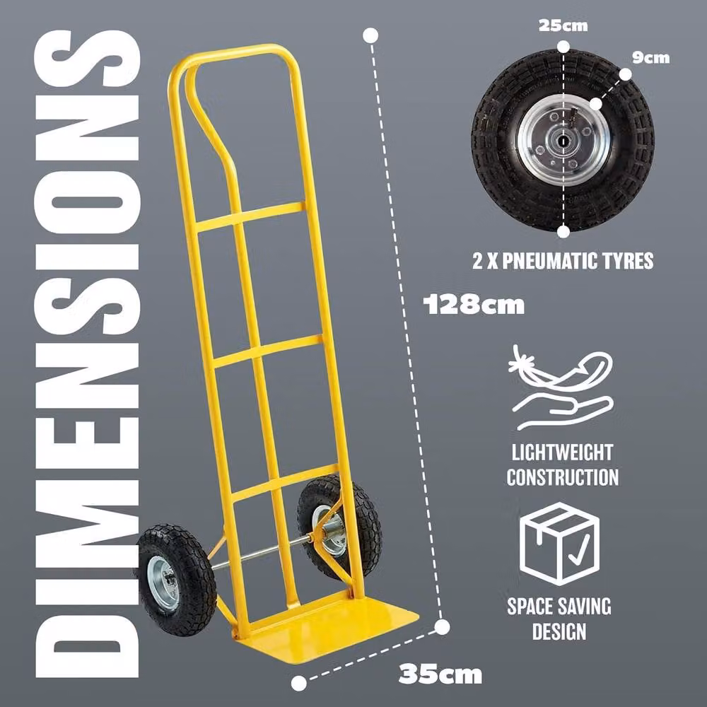 BARGAINS-GALORE Heavy Duty Industrial Sack Truck with Pneumatic Tyres, Yellow Steel Hand Trolley – 3