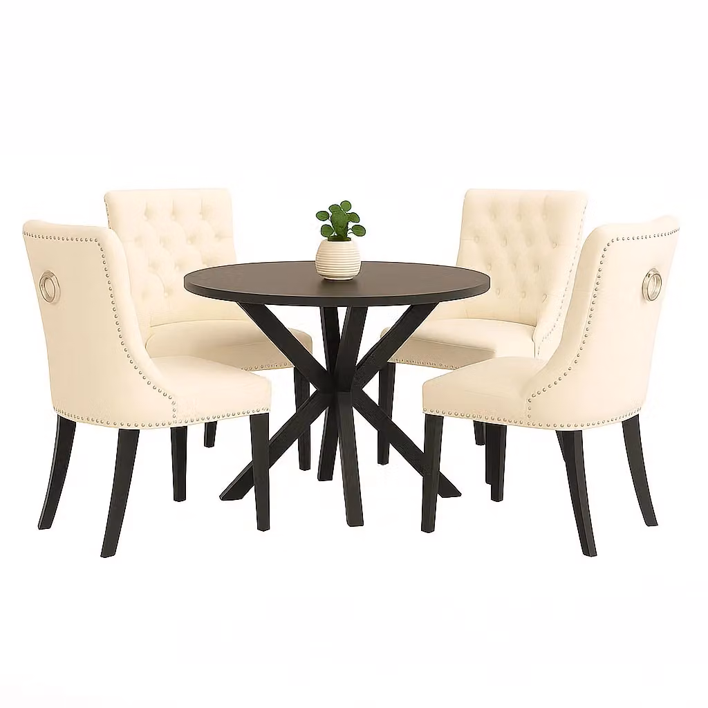 Neo Set of Four Studded Velvet Dining Chairs with Ring Knocker Detail in Natural – 2