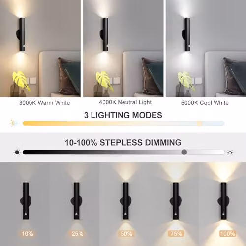 Harper Living Set of 2 Black LED Rechargeable Battery Operated Wall Lights with Motion Sensor, Remote Control, Dimmable and Timer Functions – 2
