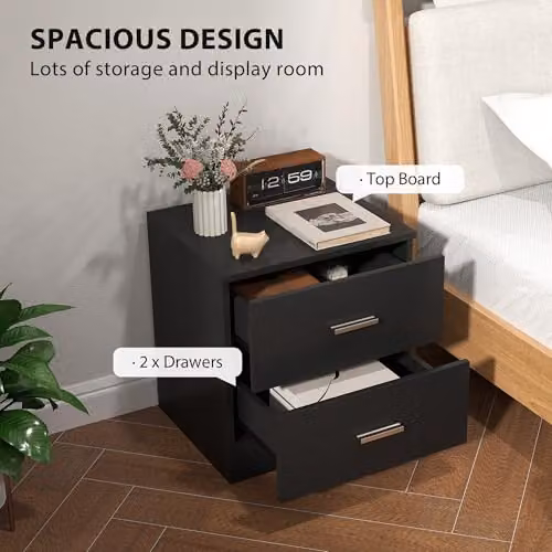 HOMCOM Modern Black Bedside Table with 2 Drawers – 3