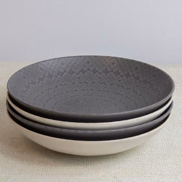 KitchenCraft 4pc Glazed Stoneware Pasta Bowl Set in Embossed Grey, Diameter: 22 cm – 1