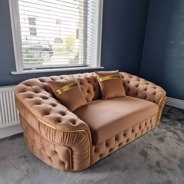 Stratus Interiors Ambassador Chesterfield 2 Seater Sofa in Medium Beige Plush Velvet with Gold Trim