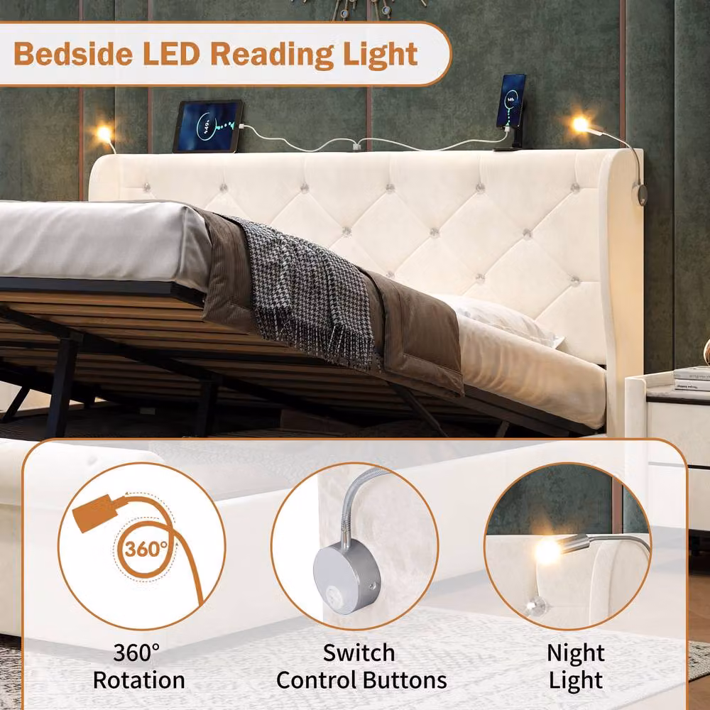 BTM King Ottoman Velvet Storage Bed in Light Beige with USB Charging Port and Integrated Reading Light – 4