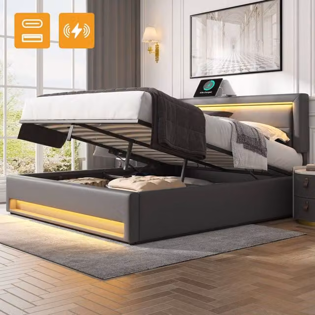 BTM Grey Upholstered Double Bed with USB Charging, LED Lighting and Lift-Up Storage, W/D/H: 140 x 190 x 135 cm – 1