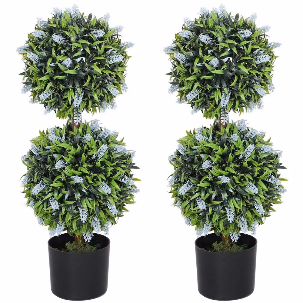 Wyld Haus Set of 2 Blue and Green Artificial Lavender Ball Topiary Trees in Metal Pots, Height: 70 cm – 2