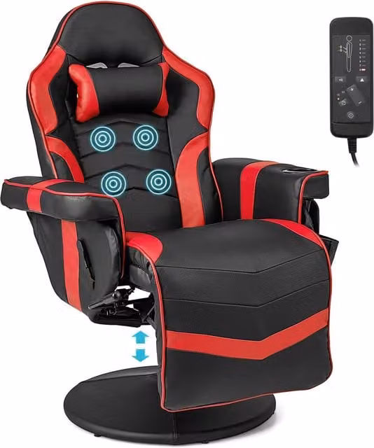 Gymax Red Massage Swivel Gaming Recliner Chair with Adjustable Height and Armrests – 1