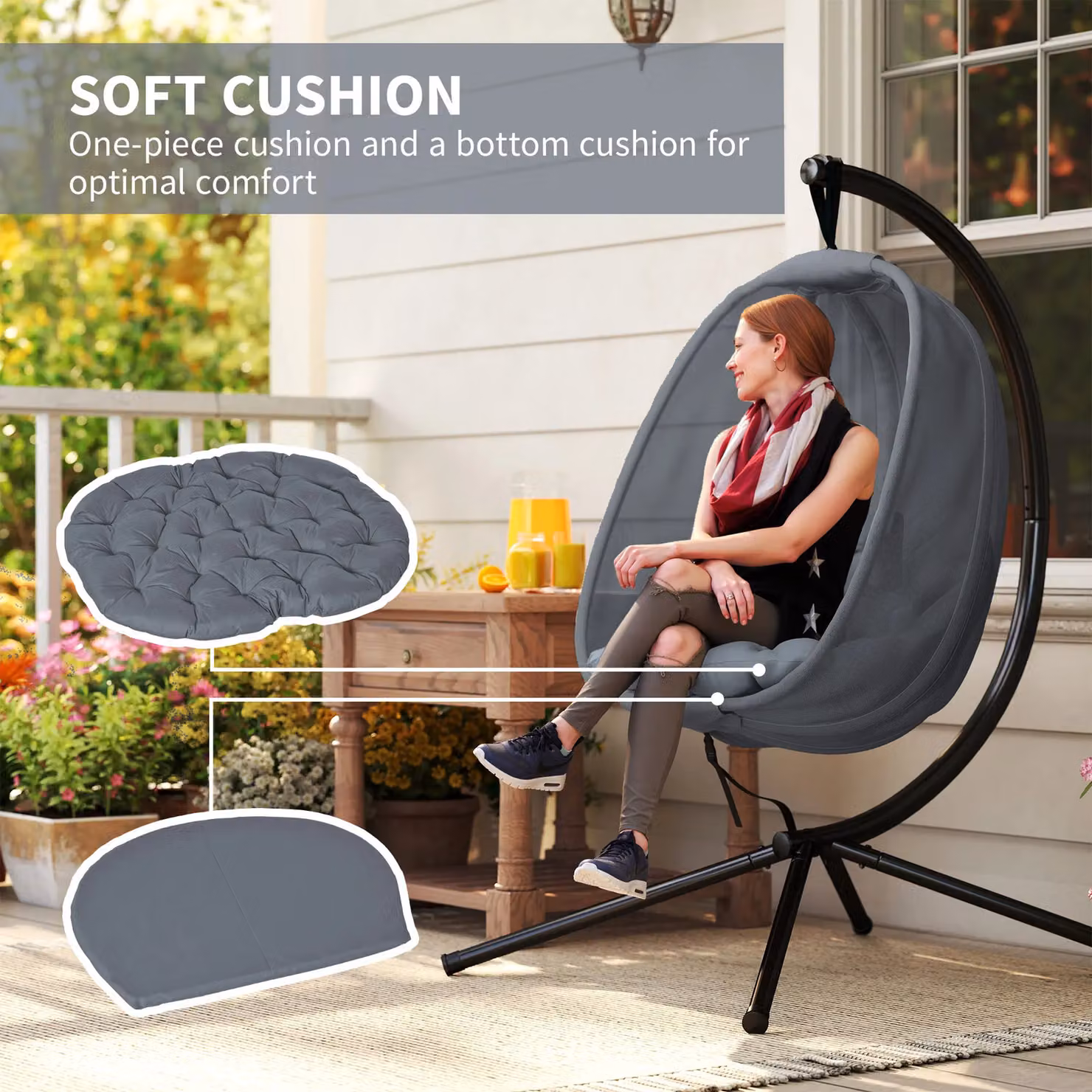 Outsunny Folding Texteline Hanging Egg Chair Swing Hammock with Side Pocket in Grey – 4