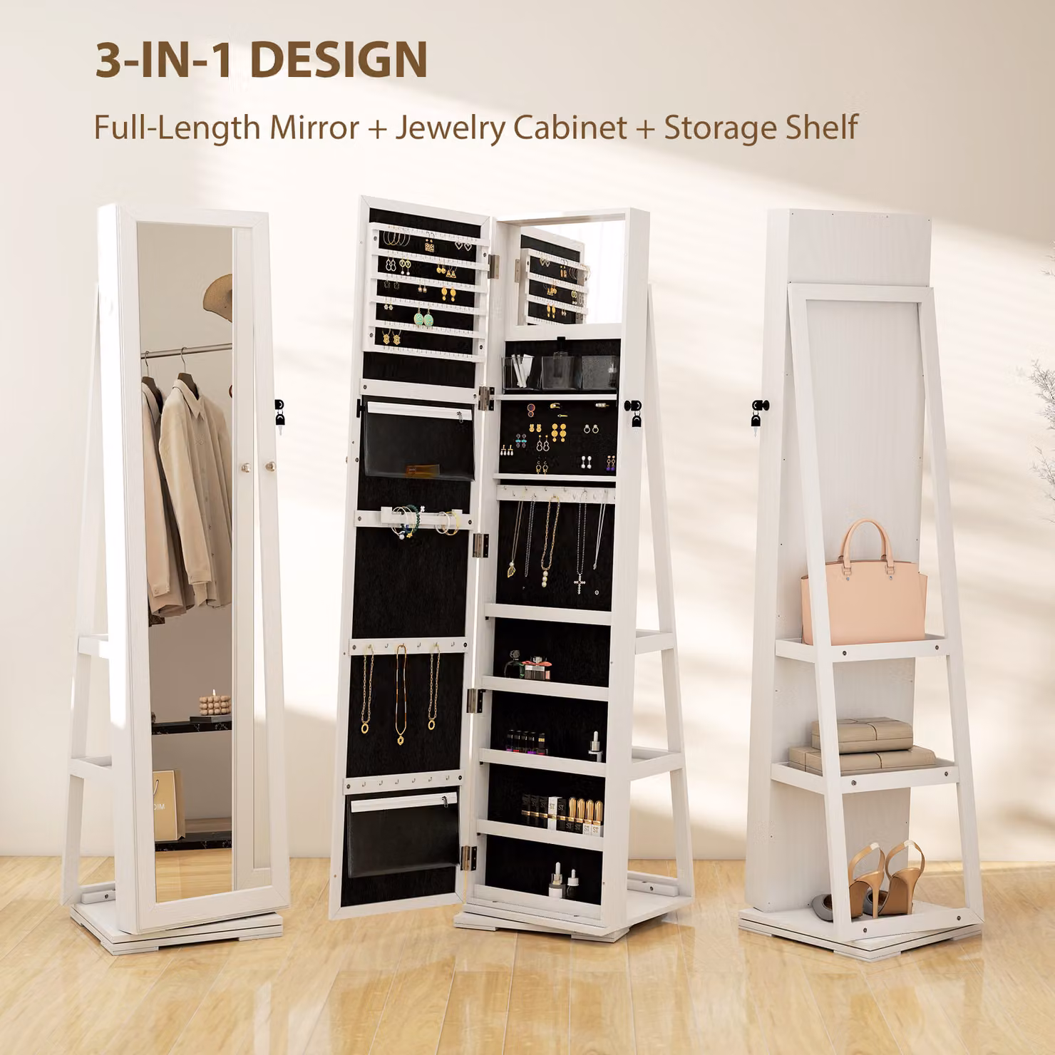 HOMCOM Lockable Jewellery Cabinet with Full-Length Mirror and Internal Shelves, White, H: 160.0 x W: 38.0 x D: 19.5 cm – 3