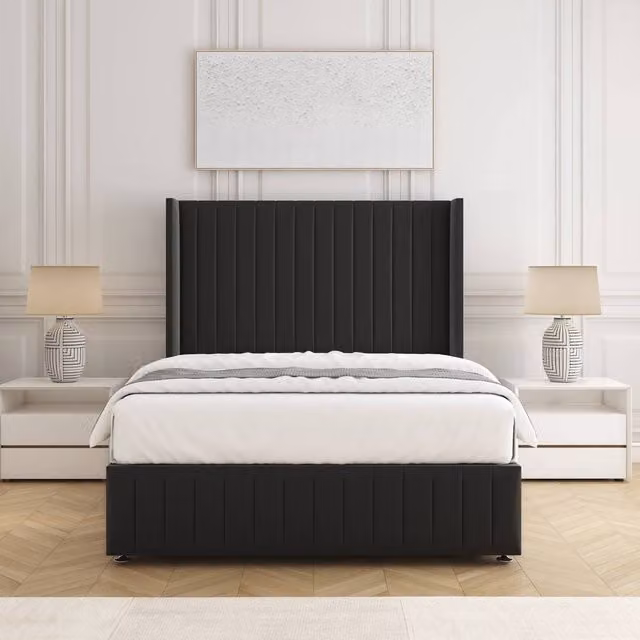 BSSPOKE Luna Plush Velvet Small Double Divan Bed with Headboard and Mattress in Black, W/D/H: 120 x 200 cm