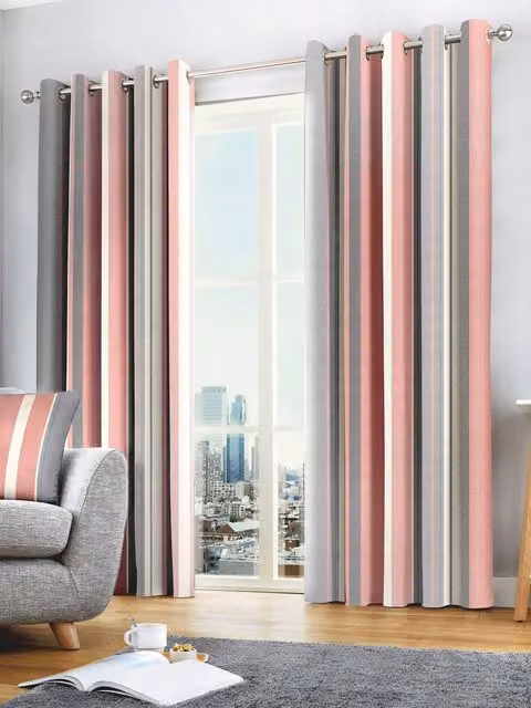 Fusion Whitworth Stripe Fully Lined 100% Cotton Eyelet Curtains in Pink, Width: 168 cm, Drop: 183 cm