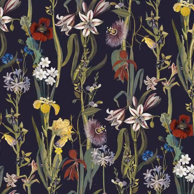House of Hackney Flora Delanica Botanical Floral Wallpaper in Midnight Blue and Multicolour