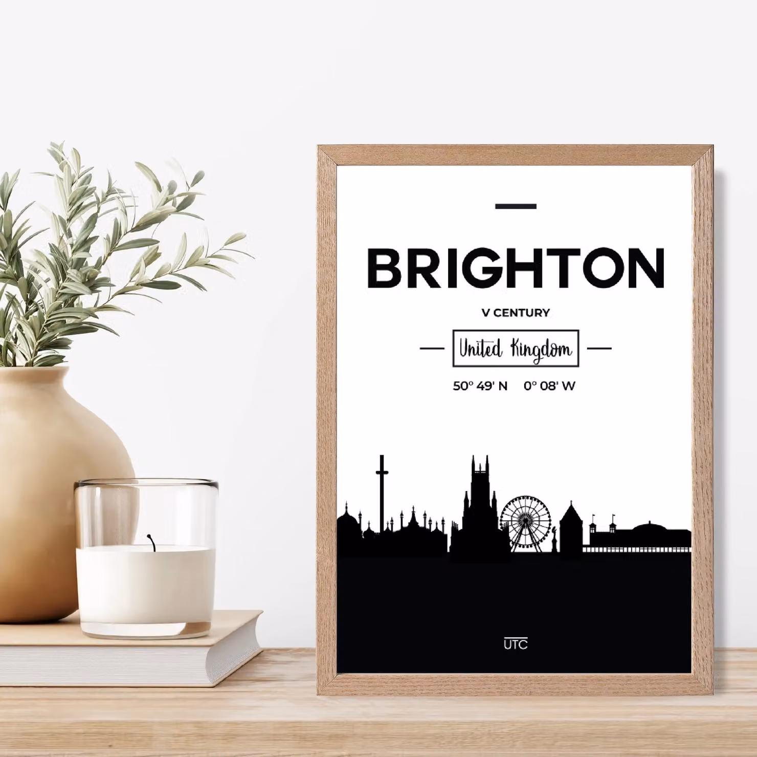 ARTZE Brighton Black and White City Skyline Framed Paper Poster with Oak Frame – 2
